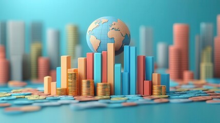 Wall Mural - a vibrant representation of global finance with colorful bars, coins, and a globe, illustrating econ