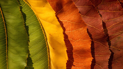 Autumn leaves transition through different colors from green to vibrant reds and oranges, fall season, nature wallpaper