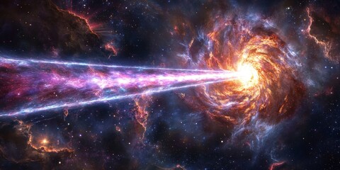 Aufkleber - Detailed view of a gamma-ray burst, with intense beams of energy emerging from a distant galaxy, showcasing cosmic power.