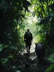 Wall Mural - A solitary figure ventures into the unknown depths of a lush jungle.