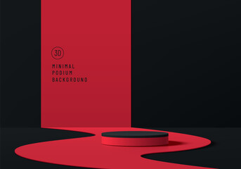 Wall Mural - realistic black 3d cylindrical podium background with red road free forms scene. minimalist mockup p