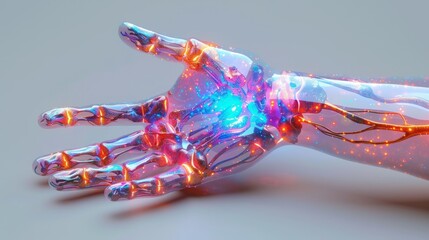 A hand made of plastic with a blue and orange glow