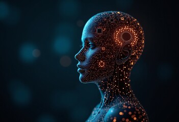 Poster - A digital human head formed of circuit boards and glowing light, with a bokeh background, symbolizing artificial intelligence and technological advancement