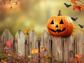 autumn decoration pumpkin jack o lantern on wooden fence