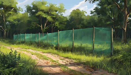 Wall Mural - Innovative wildlife protection fence design featuring holographic deployment guides in ecofriendly green and earthy tones