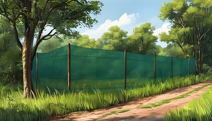 Wall Mural - Innovative wildlife protection fence design featuring holographic deployment guides in ecofriendly green and earthy tones