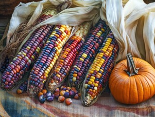 Wall Mural - Autumn harvest with colorful corn and pumpkins