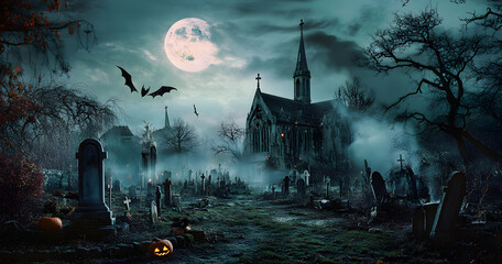 Halloween Scene - Graveyard At Moonlight - Contain Unrecognizable, Deformed Church With Reassembled Parts