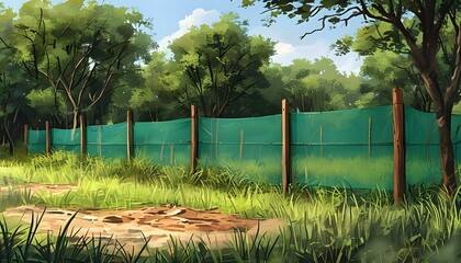 Wall Mural - Innovative wildlife protection fence design featuring holographic deployment guides in ecofriendly green and earthy tones