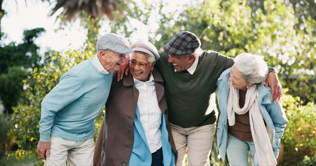 Wall Mural - Senior people, together and outdoor in retirement home as pensioners for support, wellness and relax. Group, elderly care and friends for bonding in garden or backyard as nursing village or community