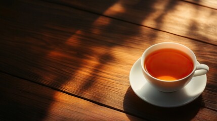 A cup of tea on a wooden table with warm sunlight casting shadows.