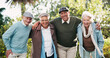 © KayExam/peopleimages.com - Senior people, portrait and outdoor in retirement home as pensioners for activity, support and relax. Group, elderly care and friends for bonding in garden or backyard as community in nursing village