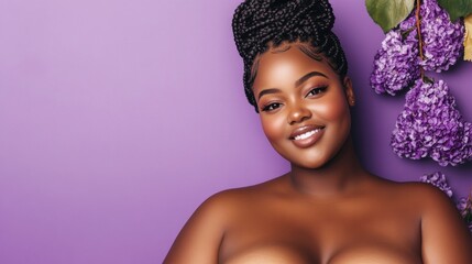 Happy woman with stylish braided hair posing against a vibrant purple background.