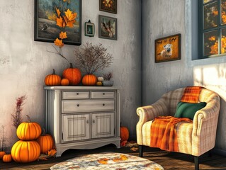 Canvas Print - Cozy living room with armchair commode and decorative pumpkins