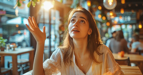 Wall Mural - Beautiful woman sitting on a chair inside a restaurant, she is holding one hand up in the air to call the waitress.