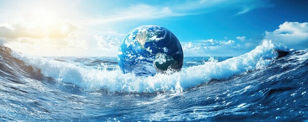 planet earth is floating over the ocean,planet earth submerged and floating in sea,global warming an
