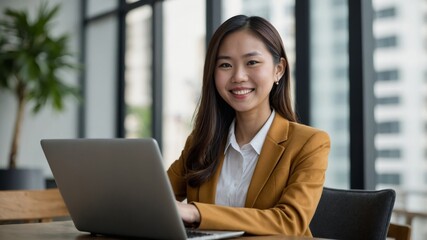 Cheerful young asian businesswoman using laptop