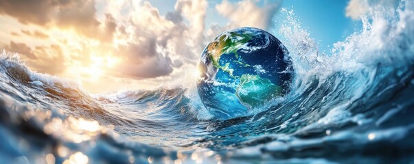 Wall Mural - planet earth is floating over the ocean,planet earth submerged and floating in sea,global warming an