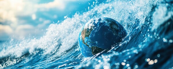 Wall Mural - planet earth is floating over the ocean,planet earth submerged and floating in sea,global warming an
