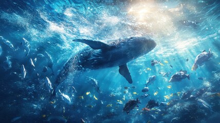 Wall Mural - modern building office or city town is submerged the ocean sea and fish,global warming and rising se