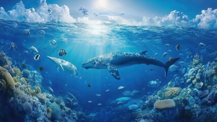 Wall Mural - modern building office or city town is submerged the ocean sea and fish,global warming and rising se