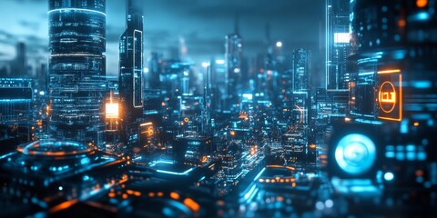 Poster - a high-tech sci-fi cityscape, with glowing buildings, holographic signs, and advanced infrastructure under a dark sky.