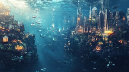 Wall Mural - modern building office or city town is submerged the ocean sea and fish,global warming and rising se