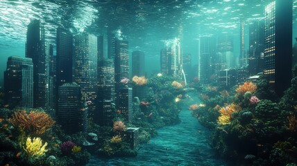 Wall Mural - modern building office or city town is submerged the ocean sea and fish,global warming and rising se