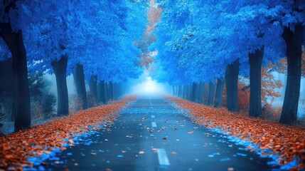 Wall Mural - A country road lined with vivid blue trees, the road disappearing into a foggy autumn morning, with fallen leaves scattered across the pavement