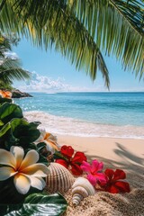 Wall Mural - Flowers and Shells on Sandy Beach