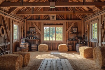 A rustic wooden barn interior with hay bales and barrels. The room has large windows with a view of trees and a grassy field.