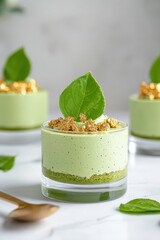 Wall Mural - A vibrant green dessert in a glass, garnished with leafy accents and golden toppings, showcasing a blend of textures and flavors.