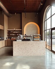 A sleek, modern coffee shop interior with a terrazzo countertop, a large window, and an arched alcove.