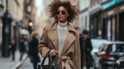 Urban Sophistication - Confident Model in Chic Trench Coat Walking on Busy Street