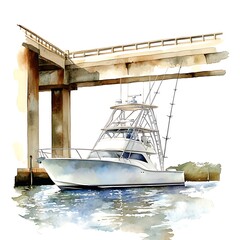 Poster - Watercolor Painting of a Boat Docked Under a Bridge.