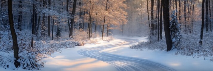 Winding Snowy Path Through Serene Forest, Tranquil winter scene, gentle snow-covered trees, peaceful atmosphere, inviting journey ahead