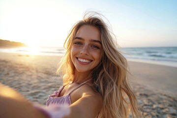 Poster - Woman taking a selfie on the beach