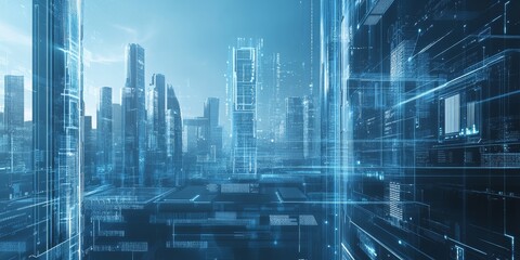 Fototapete - A detailed view of smart building technology in a futuristic city, showcasing robotic construction, AI systems, and modern design.