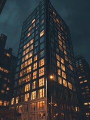 Poster - Tall building with lit windows