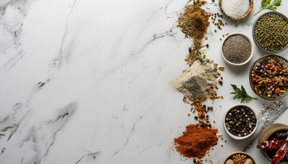 Many different spices on white marble background, top view. Space for text