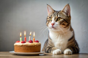 Poster - Cute cat looking at birthday cake with lit candles