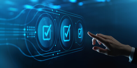 Wall Mural - standard and quality management concept. human hand touching futuristic virtual screen checkmark ico