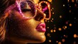 © Alice - A woman wearing sunglasses and glitter on her face in a close-up shot