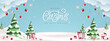 © bokmok - Merry christmas and happy new year greeting card with snow product display cylindrical shape copy-space and Cute snowman standing in winter christmas landscape snow falling