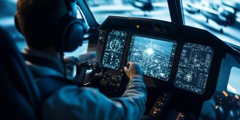 Poster - Macro shot of a virtual reality flight simulator interface, with detailed cockpit controls and realistic sky views as the user masters piloting skills.