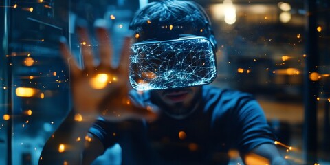 Poster - a user manipulating augmented objects in VR, blending physical and virtual interactions for a high-tech immersive experience.