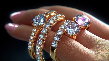   A close-up of a person's hand with two rings and a pink diamond on one