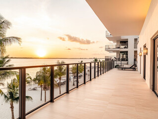 Sunset view from a balcony overlooking the beach with palm trees at a tropical resort in the evening glow