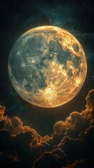 Wall Mural -   A full moon with clouds in the foreground and a clear sky full of stars behind, captured during twilight