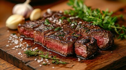 Wall Mural -   A close-up photo of juicy steak on a wooden board, garnished with fragrant garlic and fresh parsley